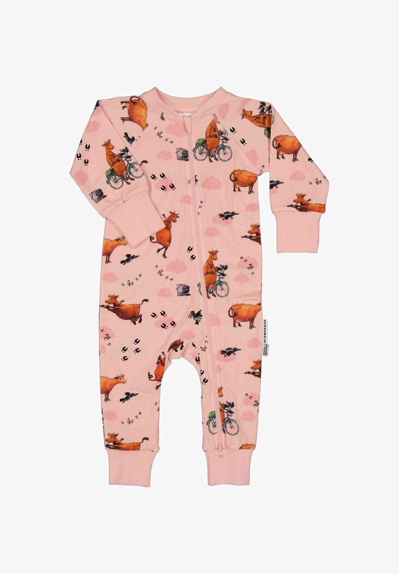 Barboteuse rose pour bébé avec fermeture éclair, ornée d'illustrations ludiques de vaches et d'oiseaux, incluant des vaches faisant du vélo et des empreintes d'animaux.