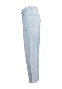 Vaaleansiniset korkeavyötäröiset farkut rentoa istuvuutta, valmistettu denimmateriaalista, sivu- ja takataskuilla, takana ommeltu sauma.