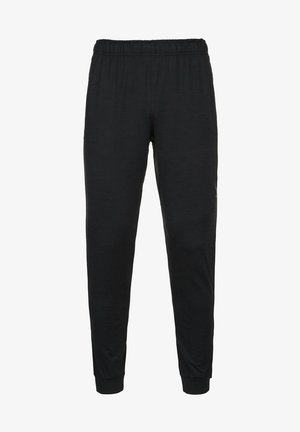 Zwarte taps toelopende joggingbroek met elastische tailleband en enkelsluiting, geschikt voor casual of sportief gebruik.