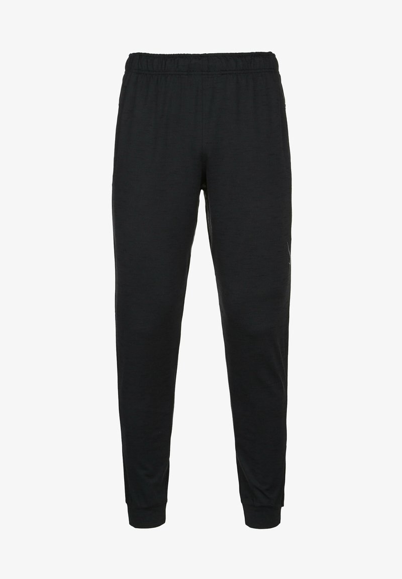 Pantalon de survêtement noir fuselé avec taille élastique et bords-côtes aux chevilles, adapté pour un usage décontracté ou sportif.