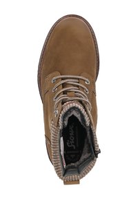 Braune Schnür-Winterstiefel mit gepolstertem Kragen, weicher Fellinnenseite und strapazierfähiger Sohle, von oben betrachtet.