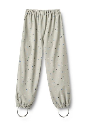 Lysegrå bukser med elastisk midje, spredte små flerfargede bokstavtrykk og elastiske mansjetter med svarte stigbøyler.