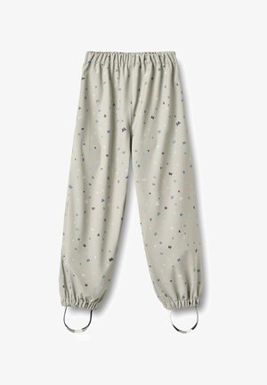 Helehallid elastse vöötmega püksid, millel on laiali jagatud väiksed mitmevärvilised tähetrükid ning elastsed mansetid mustade kinnitustega.