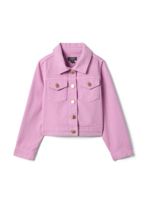 Fliederfarbene, kurze Jeansjacke mit langen Ärmeln, goldenen Knöpfen, zwei vorderen Klappentaschen und einem Kragen.