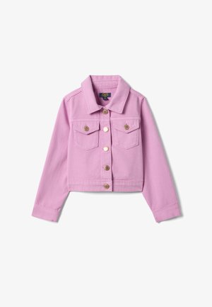 Lila cropped spijkerjack met lange mouwen, gouden knopen, twee klepzakken aan de voorkant en een kraag.