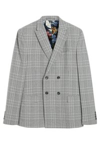 Blazer doppiopetto grigio a quadri con un tessuto testurizzato, rever a pastrano e foderato con un motivo floreale. Presenta due tasche frontali.