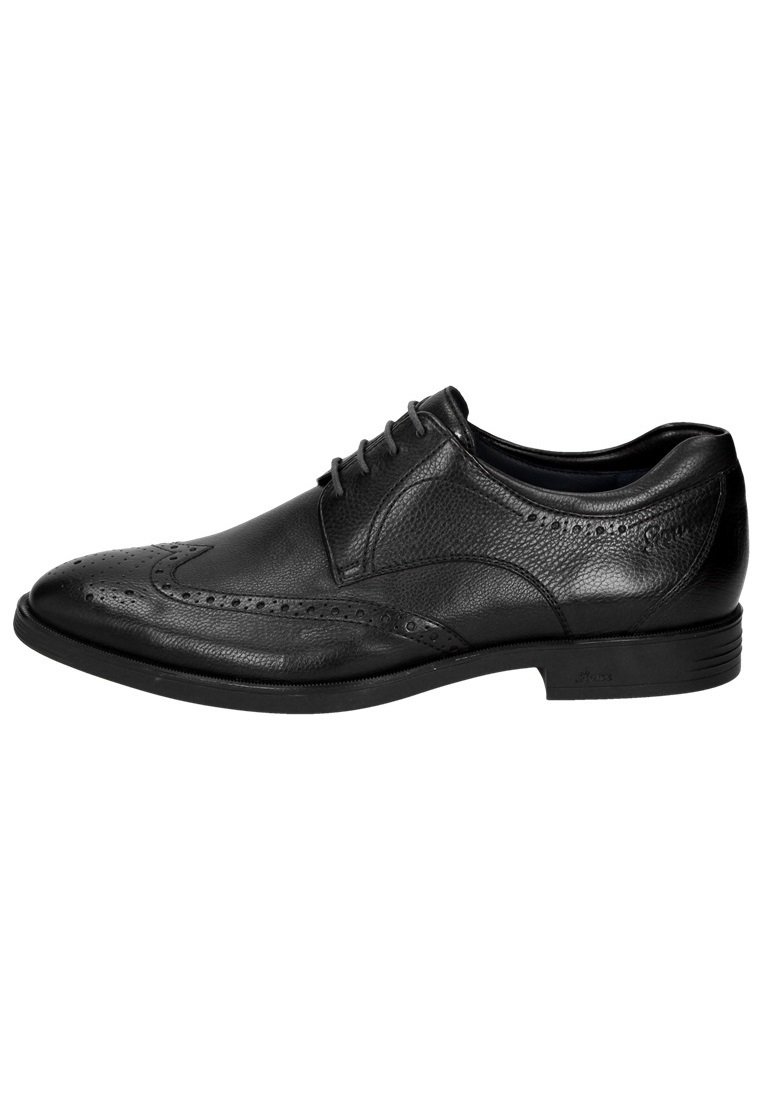 Zwarte leren dresschoen met een wingtip-design, perforaties, een ronde neus en een gladde afwerking op een platte zool.