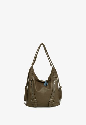 Olijfgroen leren tas met een slonzig ontwerp, twee voorvakken met rits en een afneembare schouderband. Bevat een blauwe labeldetail.