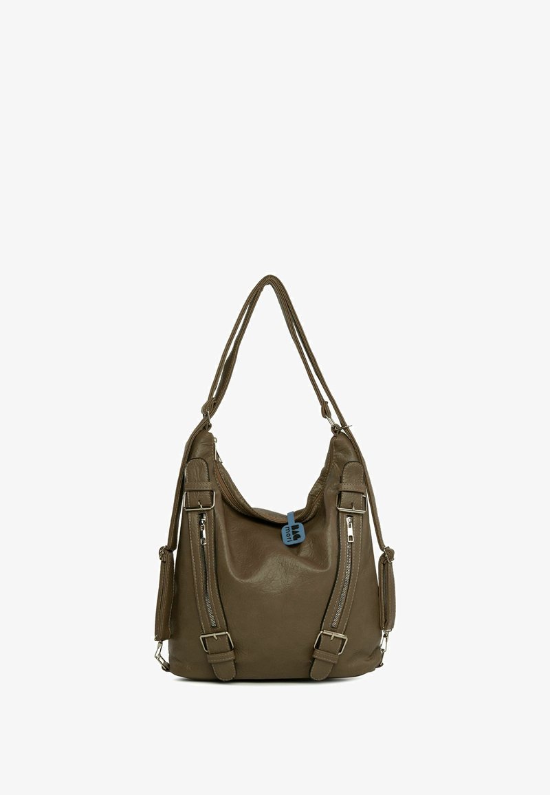 Olijfgroen leren tas met een slonzig ontwerp, twee voorvakken met rits en een afneembare schouderband. Bevat een blauwe labeldetail.