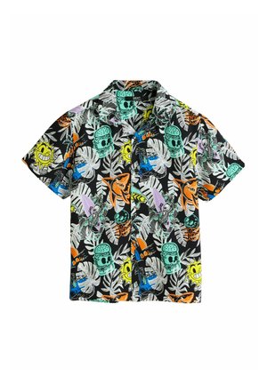 Zwart shirt met korte mouwen met kleurrijke cartoon schedels, haaien, zonnen, skelet surfers, tropische bladeren en speelse strandthema patronen.