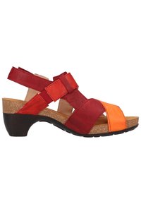 Sandale en cuir rouge et orange à bout ouvert avec bride réglable à la cheville, semelle en liège et petit talon compensé.