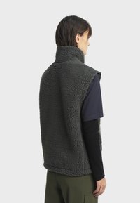 Veste en polaire grise avec col montant, sans manches, surface texturée, portée sur une chemise à manches longues noire, assortie avec un pantalon vert.