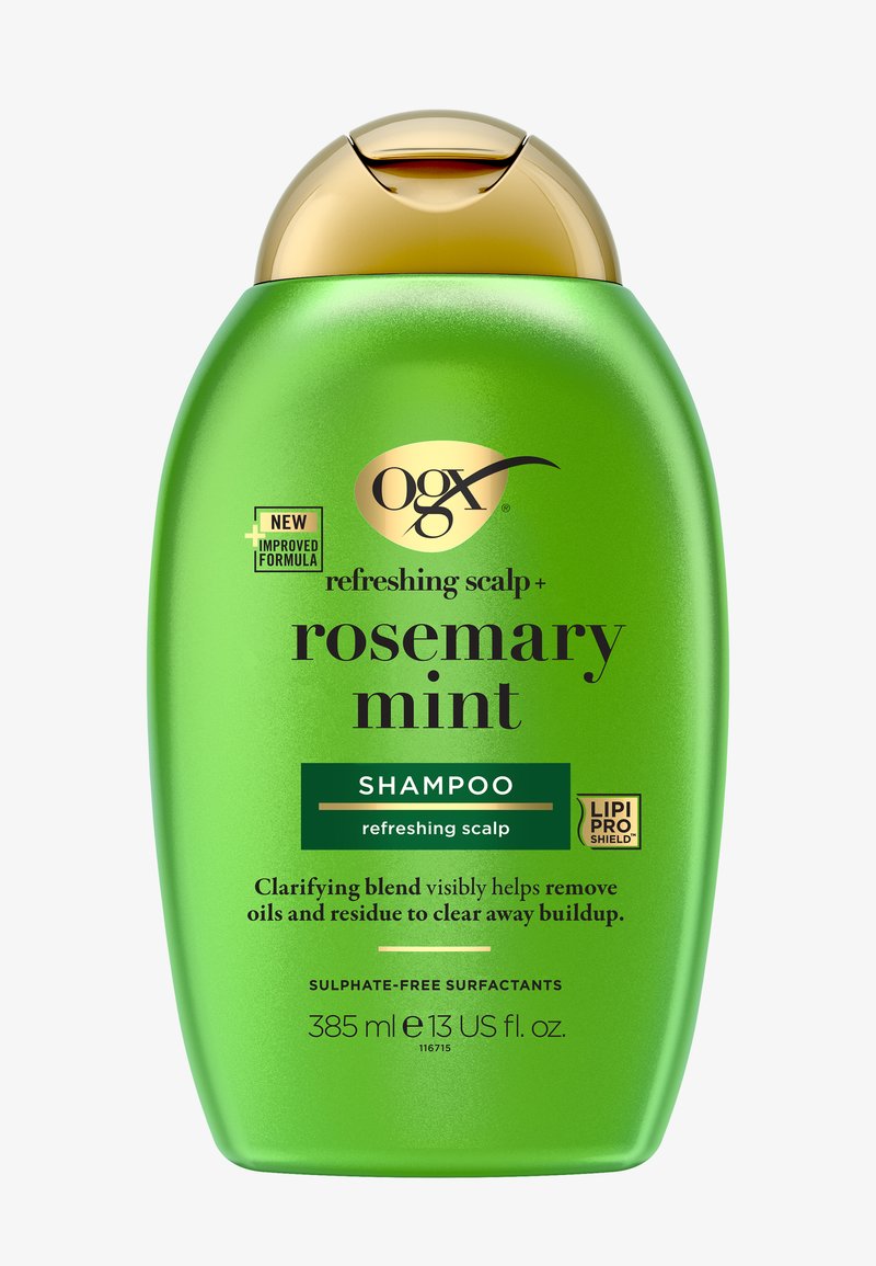 Grön schampo flaska med ett guldock, märkt "OGX Rosemary Mint", med en texturerad design och en rektangulär etikett med produktinformation.