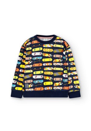 Marineblå sweatshirt med et mønster af farverige skateboardgrafikker. Ribstrikkede manchetter og halsudskæring med forskellige skateboardfarver og -designs.