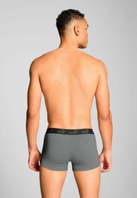 Men's boxer briefs in grey cotton with a black logo waistband, featuring a snug fit and smooth texture. View from the back with no additional details.