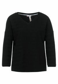 Czarny sweter w kształcie litery V z rękawami do trzech czwarte, z teksturowanym wzorem i luźnym krojem, wykonany z miękkiego materiału.