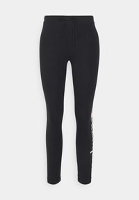 Czarne elastyczne legginsy z regulowanym pasem. Posiadają nadrukowane logo w białym i czerwonym kolorze wzdłuż lewego boku. Gładka tekstura.