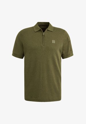 Maslinasto zelena polo majica s kragnom na zip, kratkim rukavima, mekanim materijalom i detaljem u obliku aplikacije s lijeve strane.