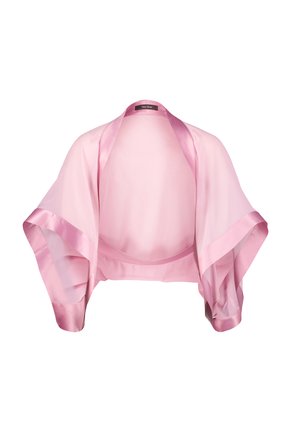 Pink sheer kimono jacket with satin trim. Features wide sleeves and open front design, emphasizing softness and lightweight texture.