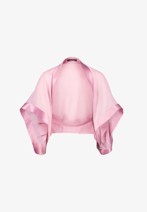 Roze doorschijnende kimono-jack met satijnen bies. Het heeft brede mouwen en een open voorkant, wat de zachtheid en lichte textuur benadrukt.