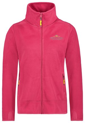 Chaqueta de forro polar de color rosa brillante con cremallera completa, cuello alto, bolsillos laterales con cremallera, aperturas para pulgar en las mangas y pequeño logo bordado en el pecho.