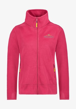 Chaqueta de forro polar de color rosa brillante con cremallera completa, cuello alto, bolsillos laterales con cremallera, aperturas para pulgar en las mangas y pequeño logo bordado en el pecho.
