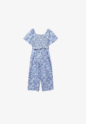 Blå og hvid mønstret kortærmet jumpsuit med smocket overdel og vide ben, med matchende stofbælte i taljen.