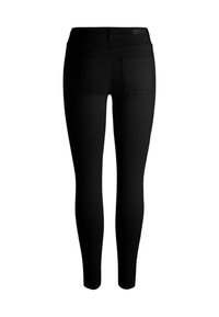 Black skinny jeans with a smooth finish, featuring a high waistband, belt loops, and two back pockets. No visible patterns or embellishments.