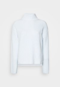 Maglione lavorato a maglia azzurro chiaro con colletto alto, maniche lunghe e texture a costine. Presenta una vestibilità comoda e un orlo leggermente al di sopra della vita.