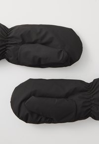 Sorte isolerte votter med en glatt, polstret tekstur, elastiske håndleddsmansjetter og separate fingerrom for ekstra varme.