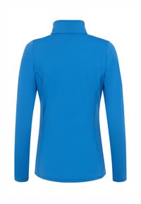 Blå långärmad topp med hög krage, tillverkad av ett slätt, stretchigt tyg. Har en elegant design och rena sömmar längs kanterna.