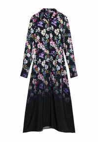 Blumenkleid mit langen Ärmeln und schwarzem Grundton, das bunte Blumen in Rosa, Lila und Weiß zeigt. Mit Kragen und tailliertem Schnitt.