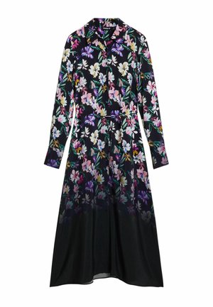 Blumenkleid mit langen Ärmeln und schwarzem Grundton, das bunte Blumen in Rosa, Lila und Weiß zeigt. Mit Kragen und tailliertem Schnitt.