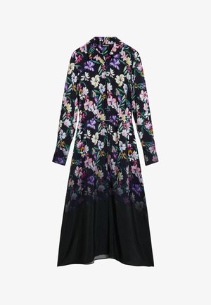 Blumenkleid mit langen Ärmeln und schwarzem Grundton, das bunte Blumen in Rosa, Lila und Weiß zeigt. Mit Kragen und tailliertem Schnitt.