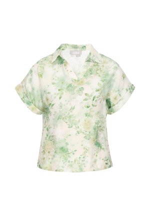 Bluzka z krótkim rękawem z jasnym zielonym i białym kwiatowym wzorem, z kołnierzykiem i podwiniętymi mankietami.