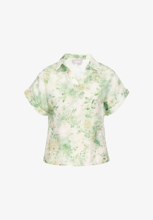 Halenka s krátkými rukávy se světle zeleným a bílým květinovým vzorem, s límečkem a vyhrnutými manžetami.
