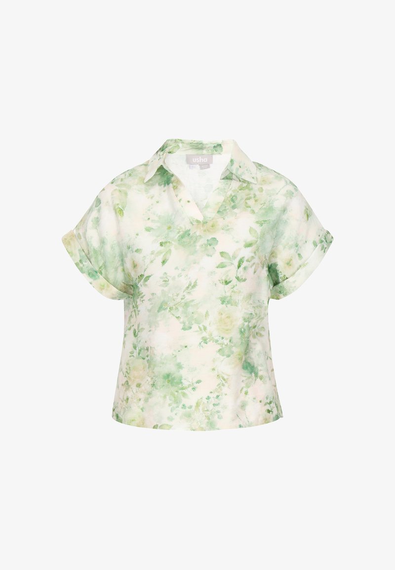 Kurzärmelige Bluse mit einem hellgrünen und weißen Blumenmuster, ausgestattet mit einem Kragen und hochgekrempelten Manschetten.