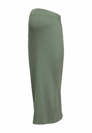 Trägerloser, knöchellanger, olivgrüner, gerippter Strickrock mit leicht ausgestelltem Saum und glatter, figurbetonter Silhouette.