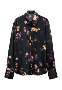 Camisa negra de manga larga con cuello puntiagudo que presenta patrones abstractos de flores en tonos morados, beiges y marrones.