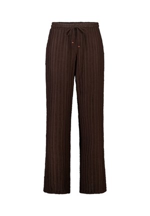 Bruine, gestructureerde, gebreide broek met wijde pijpen, elastische tailleband en striksluiting met kleine kraaltjes aan de uiteinden.
