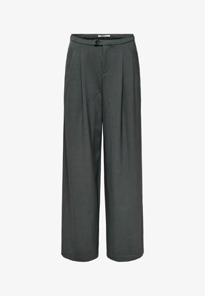 Pantalon gris foncé à jambes larges avec plis devant, fermeture par bouton et zip, et poches latérales.