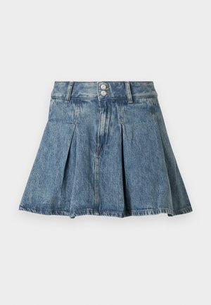 Denim skirt in light blue featuring pleats, two-button front closure, and contrasting stitching. Length falls above the knee. Soft texture.