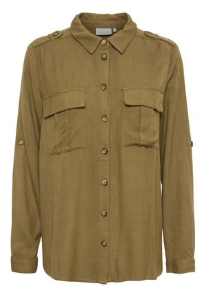 Chemise kaki à manches longues avec col, deux poches à rabat sur la poitrine et épaulettes boutonnées, fabriquée en tissu léger.