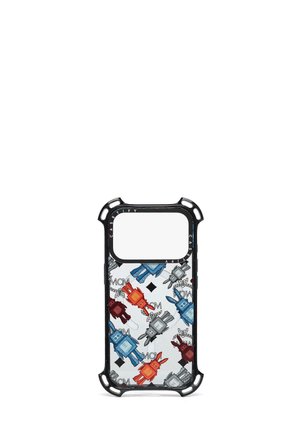 Przezroczyste etui na telefon z czarnymi krawędziami, z kolorowymi ilustracjami robotów i królików w kolorach czerwonym, niebieskim, szarym i bordowym, z małymi literami i symbolami.