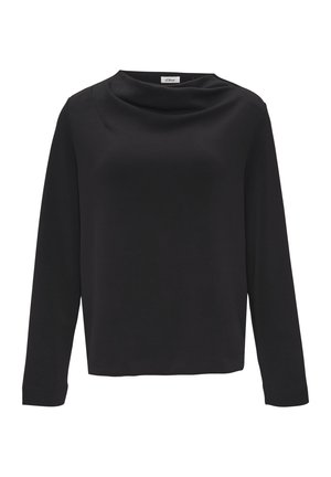 Maglietta nera a maniche lunghe con design a collo drappeggiato, realizzata in tessuto liscio. Presenta una linea dritta e maniche aderenti. Nessun motivo visibile.