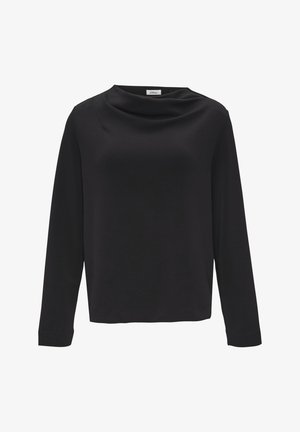 Maglietta nera a maniche lunghe con design a collo drappeggiato, realizzata in tessuto liscio. Presenta una linea dritta e maniche aderenti. Nessun motivo visibile.
