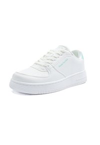 Vit sneakers tillverkade av syntetiskt material, med en slät yta, rund tå, snörningsdesign och mintgröna detaljer på hälen.