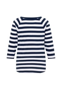 Langärmliges Oberteil mit marineblauen und weißen horizontalen Streifen, ausgestattet mit einem Rundhalsausschnitt und einem lockeren Schnitt. Weicher Stoff mit glatter Textur.