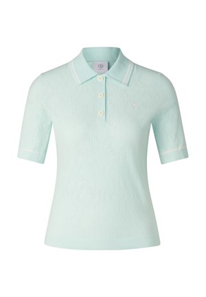 Hellblaues kurzärmliges Strick-Poloshirt mit Knopfleiste, dezentem Strukturmuster, geripptem Kragen und Bündchen sowie kleinem, gesticktem Logo.