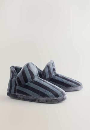 Grå och marinrandiga tofflor gjorda av mjukt, plyschmaterial. De har en hög bakkonstruktion och en rundad tå med en tjock sula.